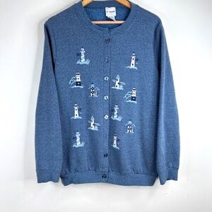 VTG BonWorth Embroidered Lighthouse Cardigan L Button Up Coastal Grandma Granny
